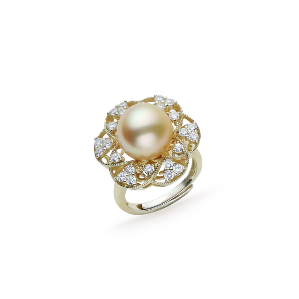 Golden South Sea Pearl Flower and Diamond Ring