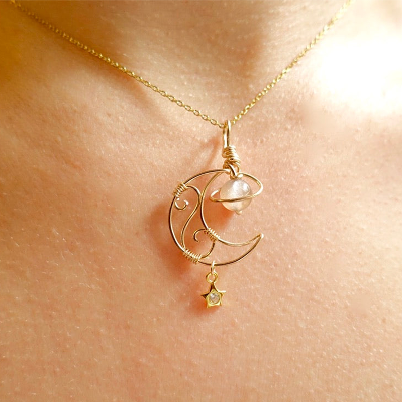 Saturn Moon & Star with Grey Moonstone in Gold